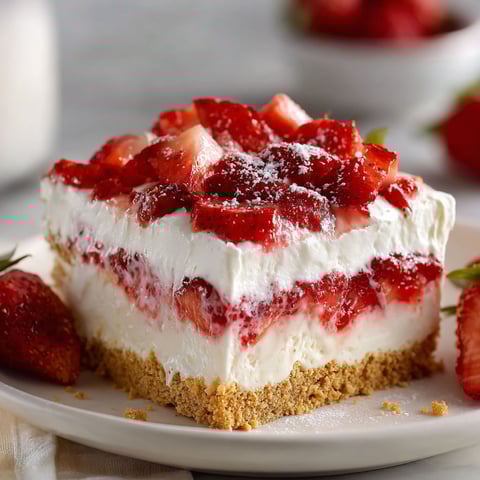 A slice of No-Bake Strawberry Delight, a dessert made with white cake, strawberries, and powdered sugar.