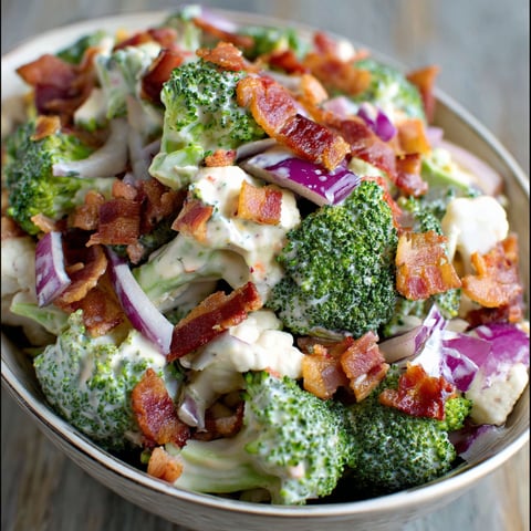 A bowl of Low Carb Broccoli Salad with bacon, onions, and cheese.