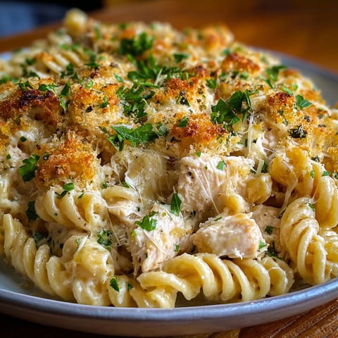A delicious Garlic Parmesan Chicken Pasta Bake is served on a plate.
