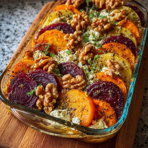 A dish of Mediterranean Layered Beet, Sweet Potato and Feta Gratin with Walnuts is displayed on a wooden cutting board.
