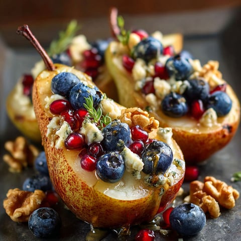 A close up of a baked pear with blue cheese, honey, and walnuts.