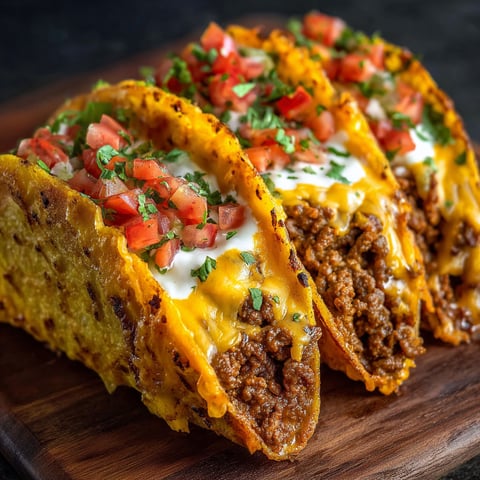 Two cheesy rotel beef tacos on a wooden cutting board.