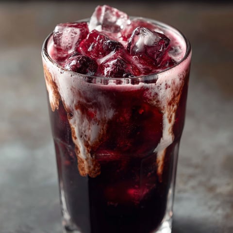 A glass of Midnight Malibu Dirty Soda with a scoop of ice and a straw.