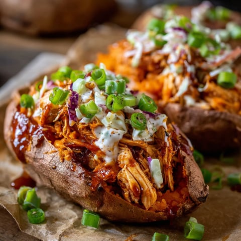 A delicious BBQ Chicken Stuffed Sweet Potato dish is presented on a table.