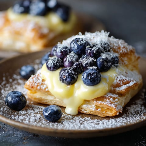 A delicious dessert made with blueberries and lemon cream, topped with powdered sugar.