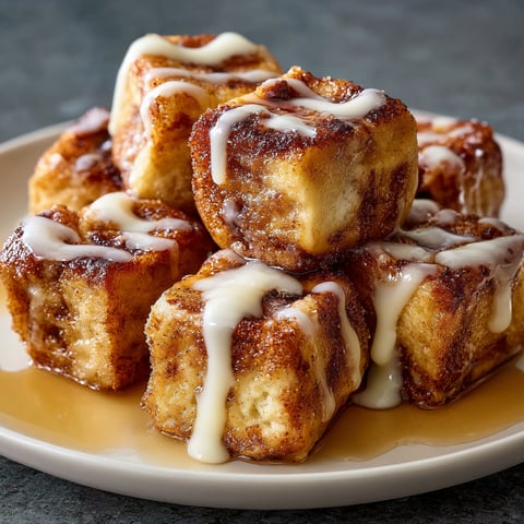 A plate of cinnamon roll french toast bites drizzled with icing.