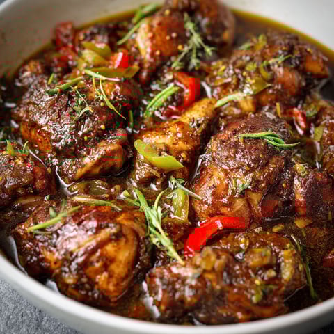 A bowl of brown stew chicken with peppers and onions.