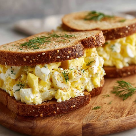 A protein-packed cottage cheese egg salad sandwich is served on a wooden cutting board.