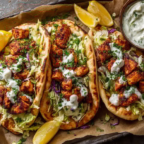 A delicious meal of chicken pita sandwiches with a herby ranch dressing.