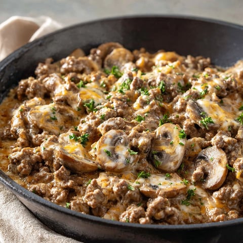 A delicious Low Carb Beef Stroganoff Bowl is served in a black bowl.