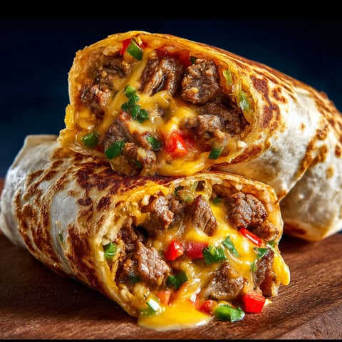 Two delicious steak and cheese burritos are served on a wooden table.