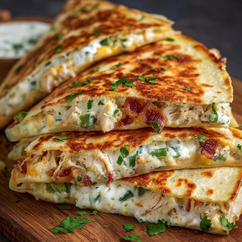 A delicious Jalapeno Popper Chicken Quesadilla is stacked on a wooden cutting board.