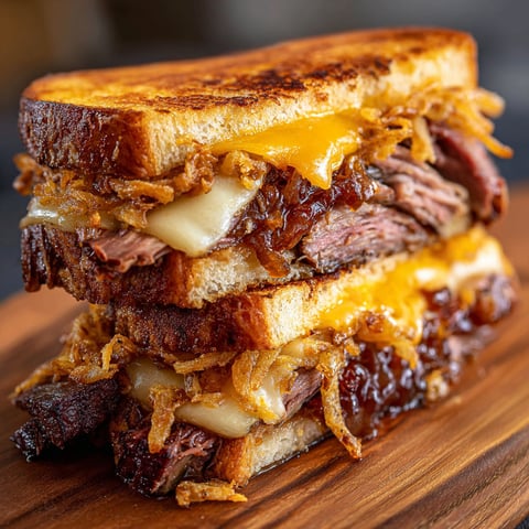 A delicious BBQ Brisket Melt sandwich is served on a wooden cutting board.