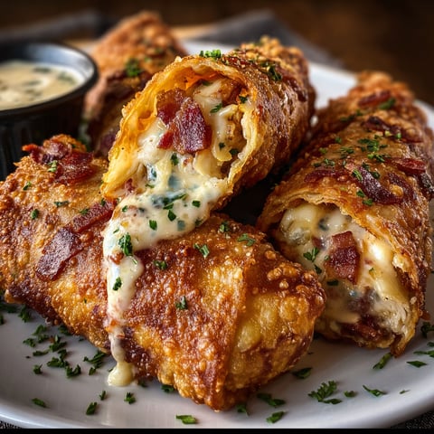 A plate of bacon and cheese chicken egg rolls is served with a side of garlic butter.