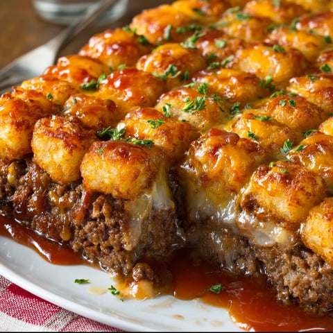 A delicious Cheesy Meatloaf Tater Tot dish is served on a plate.