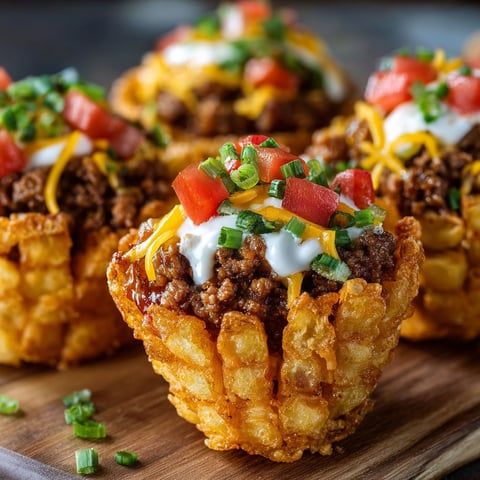 A delicious bacon cheeseburger tater tot cones recipe is displayed on a wooden table.