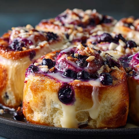 A delicious dessert, Blueberry Sweet Cheesecake Rolls, is displayed in a pan.