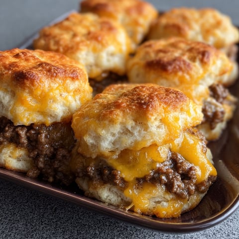 A plate of chopped cheeseburger biscuits with cheese and meat filling.