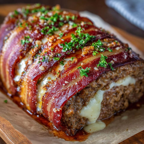 A delicious mozzarella stuffed bacon wrapped meatloaf is presented on a wooden platter.