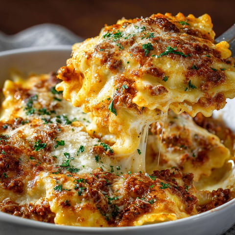 A delicious meal of crockpot ravioli lasagna is served in a white bowl.