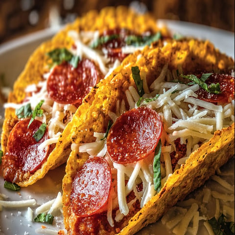 A plate of delicious cheesy pepperoni pizza tacos.
