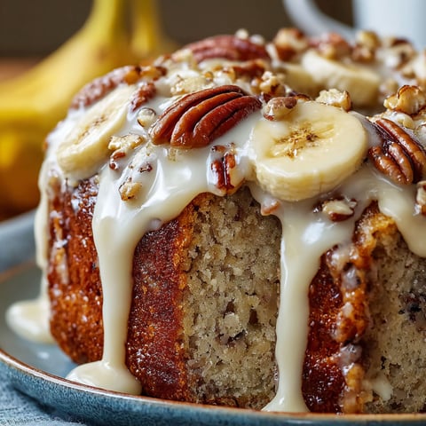 A slice of Luscious Banana Pecan Cake is drizzled with icing.