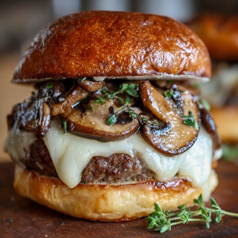 A mushroom Swiss burger delight is displayed on a wooden table, with the mushrooms being the main focus.