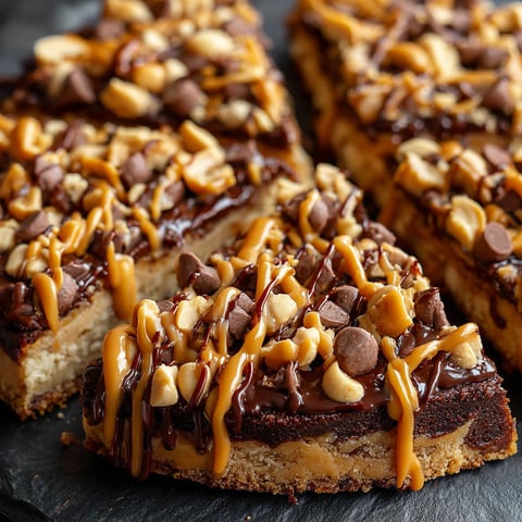 A slice of chocolate and peanut butter pizza with drizzled caramel.