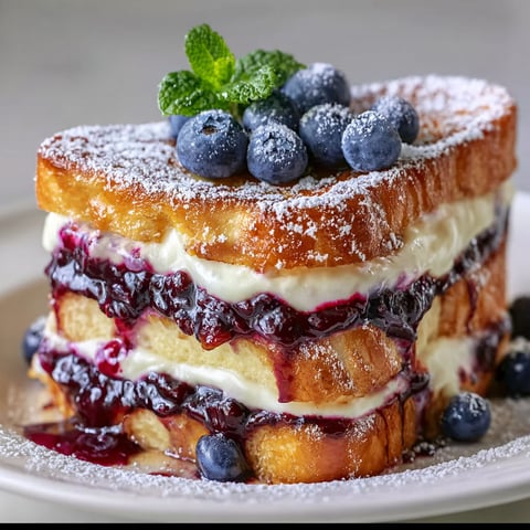 A delicious dessert made with French toast, cream cheese, and blueberries.