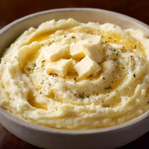 A bowl of mashed potatoes with a generous amount of butter and cheese on top.