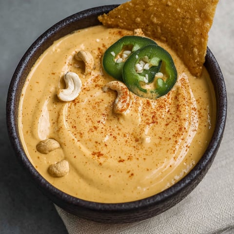 A bowl of nacho cashew cheese sauce with a spoon and a piece of jalapeno on top.