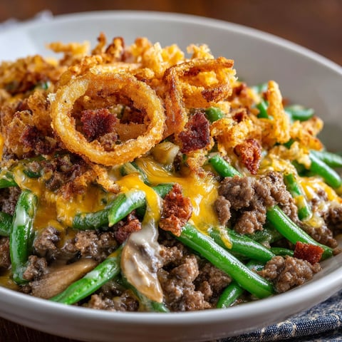 A delicious hamburger green bean dish served in a white bowl.