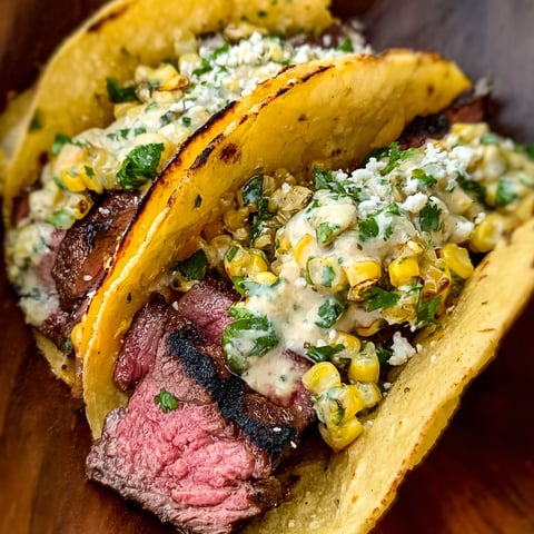A delicious grilled elote steak taco with a side of corn.