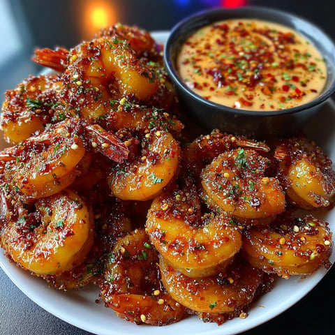 A plate of Crispy Honey Butter Shrimp with Sweet Chili Dip.