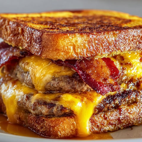 A delicious French Toast Bacon Cheeseburger is served on a plate.