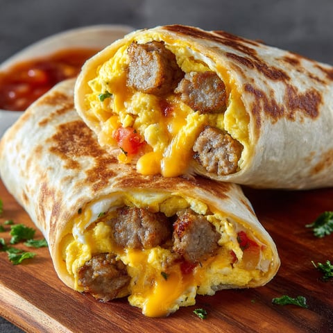 A delicious cheesy sausage egg wrap is served on a wooden platter.