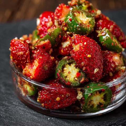 A bowl of Strawberry Jalapeño Cowboy, a spicy and sweet fruit salad, is displayed on a table.