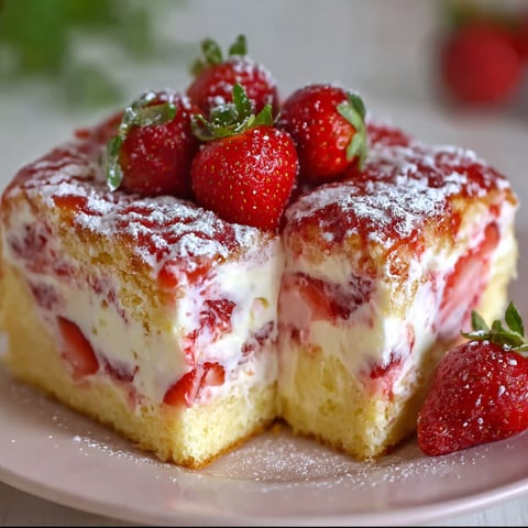 A slice of Strawberry Cream Cheese Butter Cake with strawberries on top.