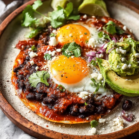 A delicious Huevos Rancheros breakfast plate with eggs, beans, and salsa.