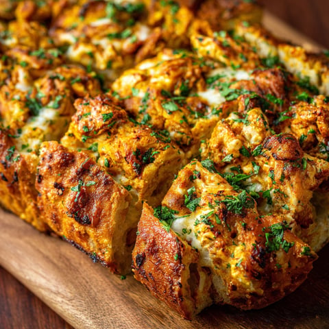 A slice of Tandoori Chicken Garlic Bread on a wooden cutting board.