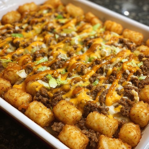 A delicious Big Mac Tater Tot Casserole, ready to be served.