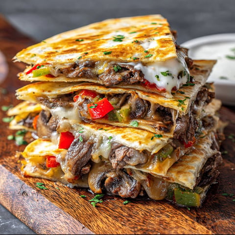A stack of Philly Cheesesteak Quesadilla sandwiches on a wooden cutting board.