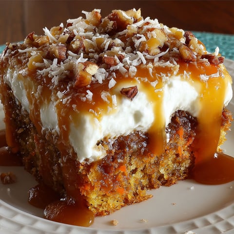 A slice of carrot caramel poke cake with white frosting and drizzled with caramel sauce.