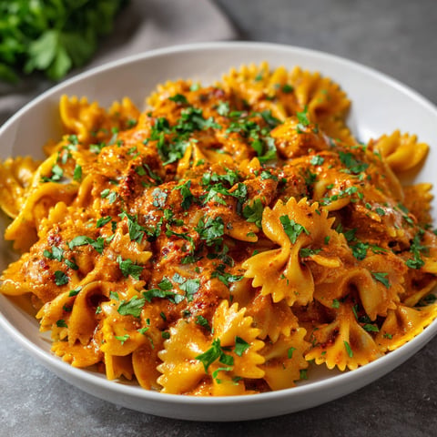 A bowl of Tikka Masala Pasta with a generous amount of sauce and garnished with green herbs.