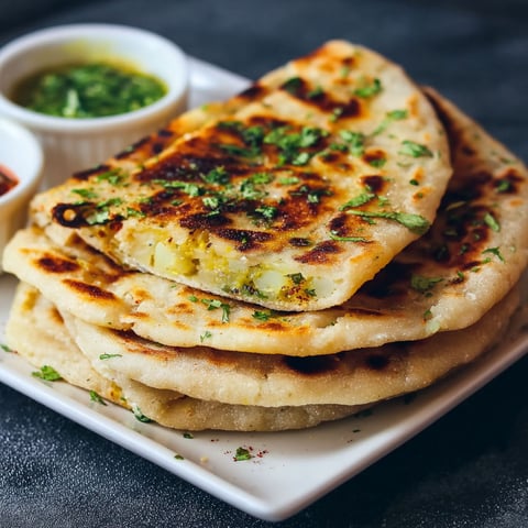 A plate of Aloo Paratha, a popular Indian dish, is served on a dining table.