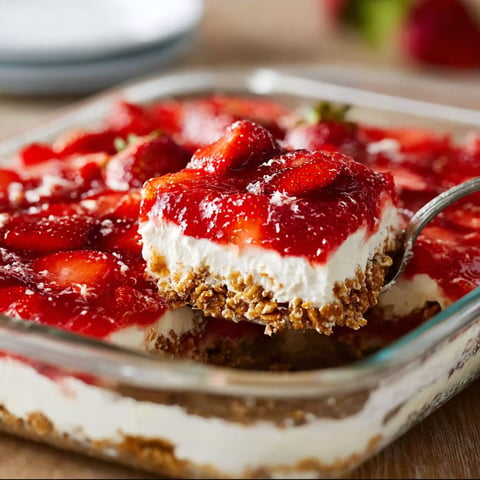 A close up of a delicious dessert, the Classic Strawberry Pretzel Salad, with a fork ready to be eaten.