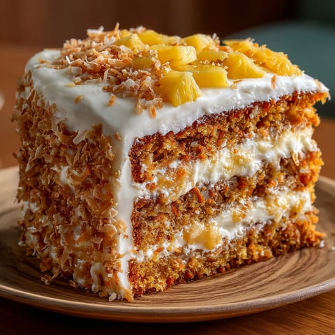 A slice of Hawaiian Carrot Pineapple Cake on a wooden plate.