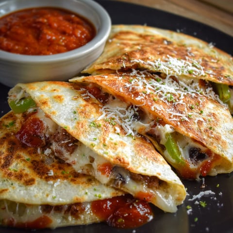 A plate of pizzadillas with sauce and cheese on top.