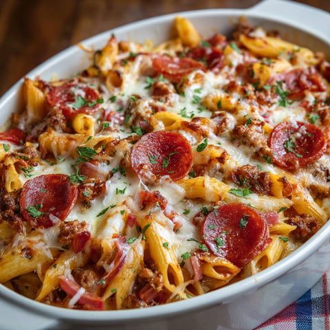A delicious cheesy pizza pasta bake is ready to be served.