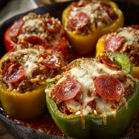 A pan of peppers filled with meat and cheese, ready to be baked.